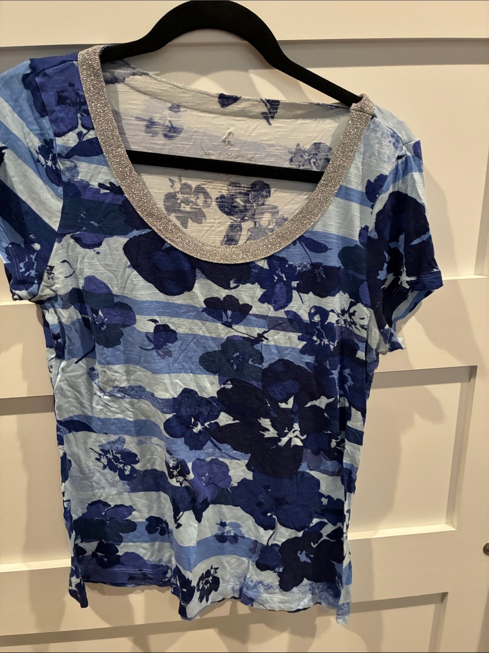 Juicy Couture Blue Floral Scoop Neck Tee with Silver Trim